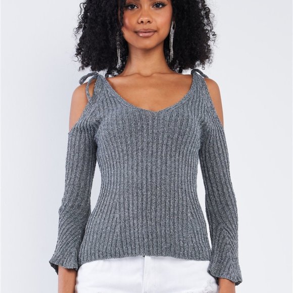 Tops - Grey/Silver Tinsel Peek-a-boo Tie Shoulder